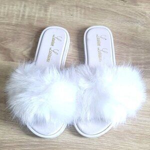 Lauren Lorraine Fluffy White Sandals Women’s Size 6 | Faux Fur Slide Slippers
